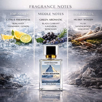 Perfume bottle labeled 'Silver Mountain' with mountain and water design, surrounded by nature-themed elements.