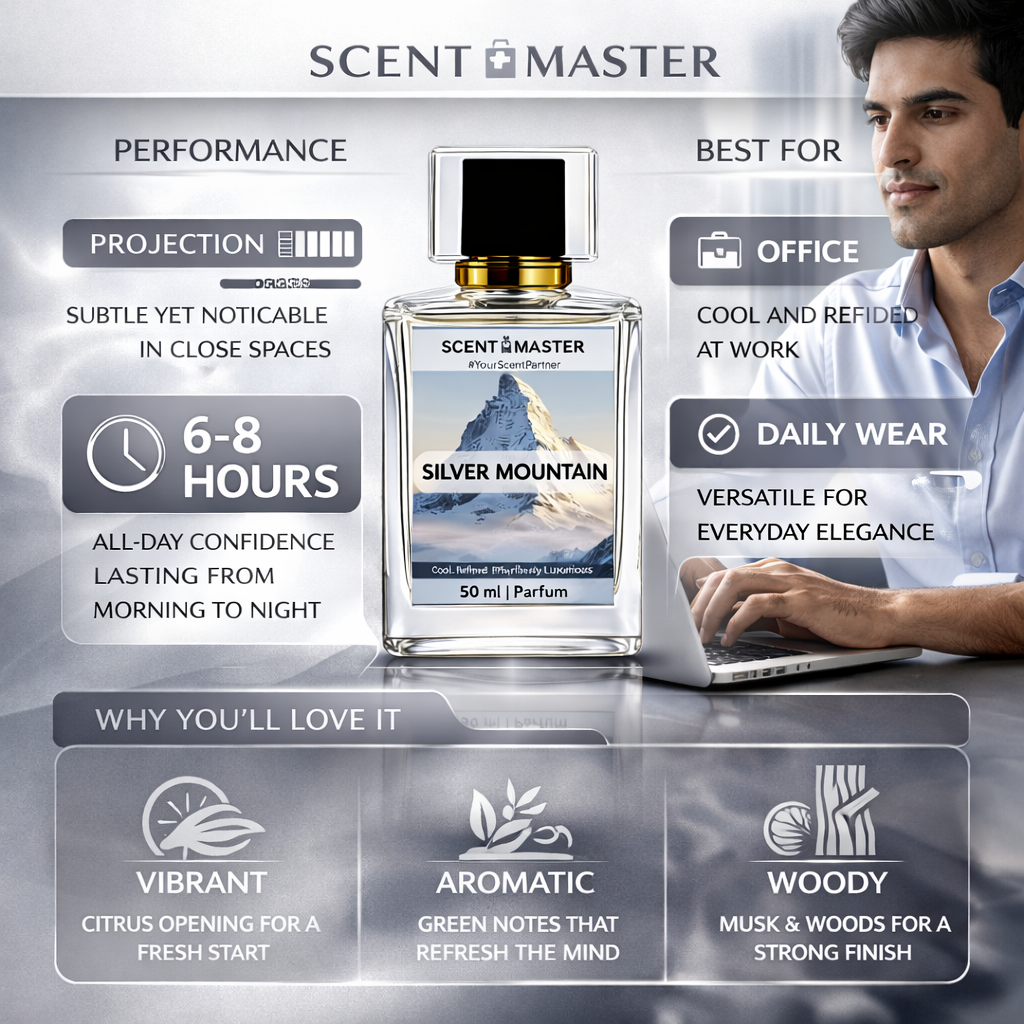 Advertisement for Scent Master Silver Mountain perfume with product details and a man using a laptop.