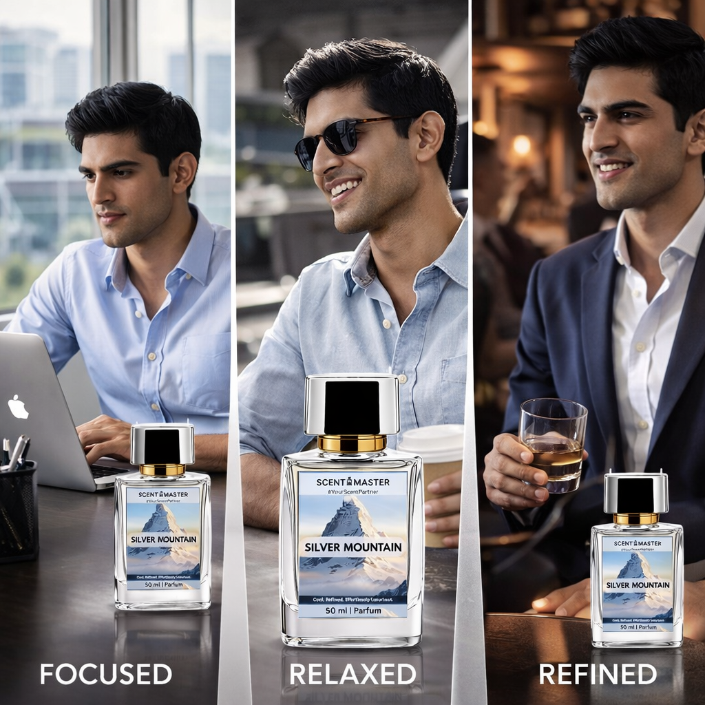 Three scenarios of a man with a bottle of 'Silver Mountain' perfume labeled 'Focused', 'Relaxed', and 'Refined'.