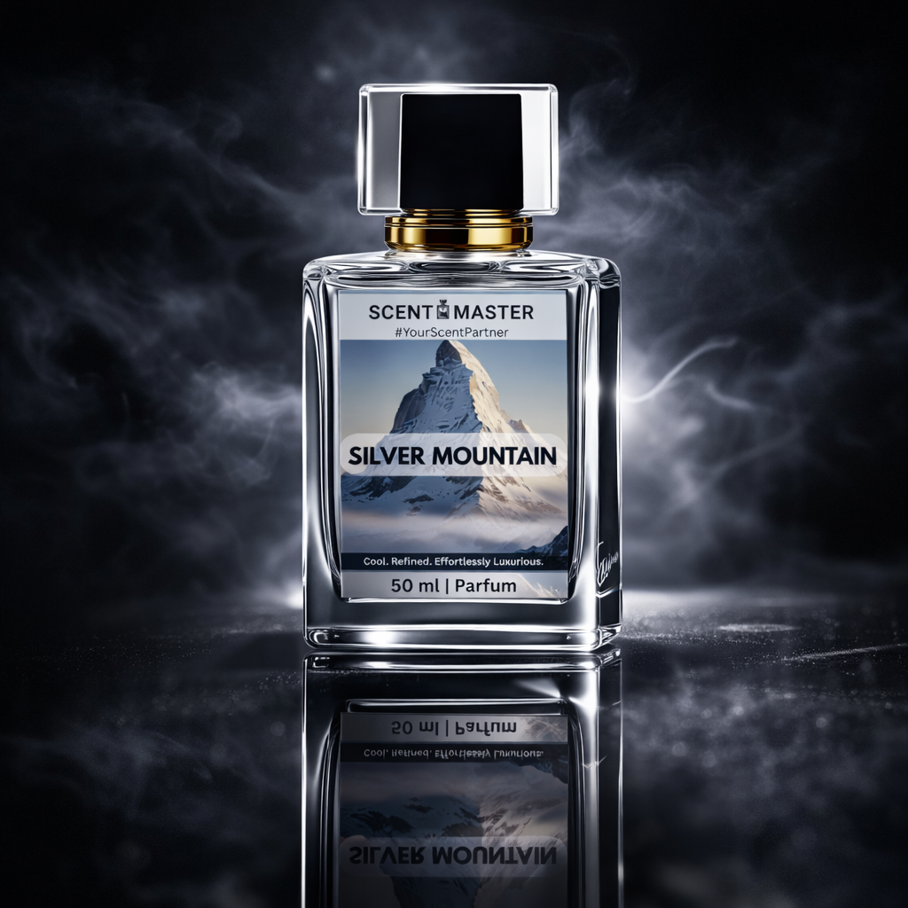 Perfume bottle labeled 'Silver Mountain' by Scent Master on a dark background with mountain imagery.