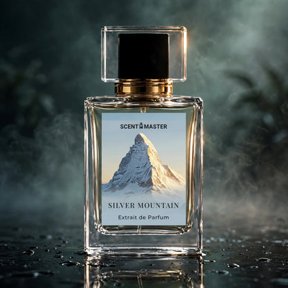 Cinematic product photography of Silver Mountain perfume bottle