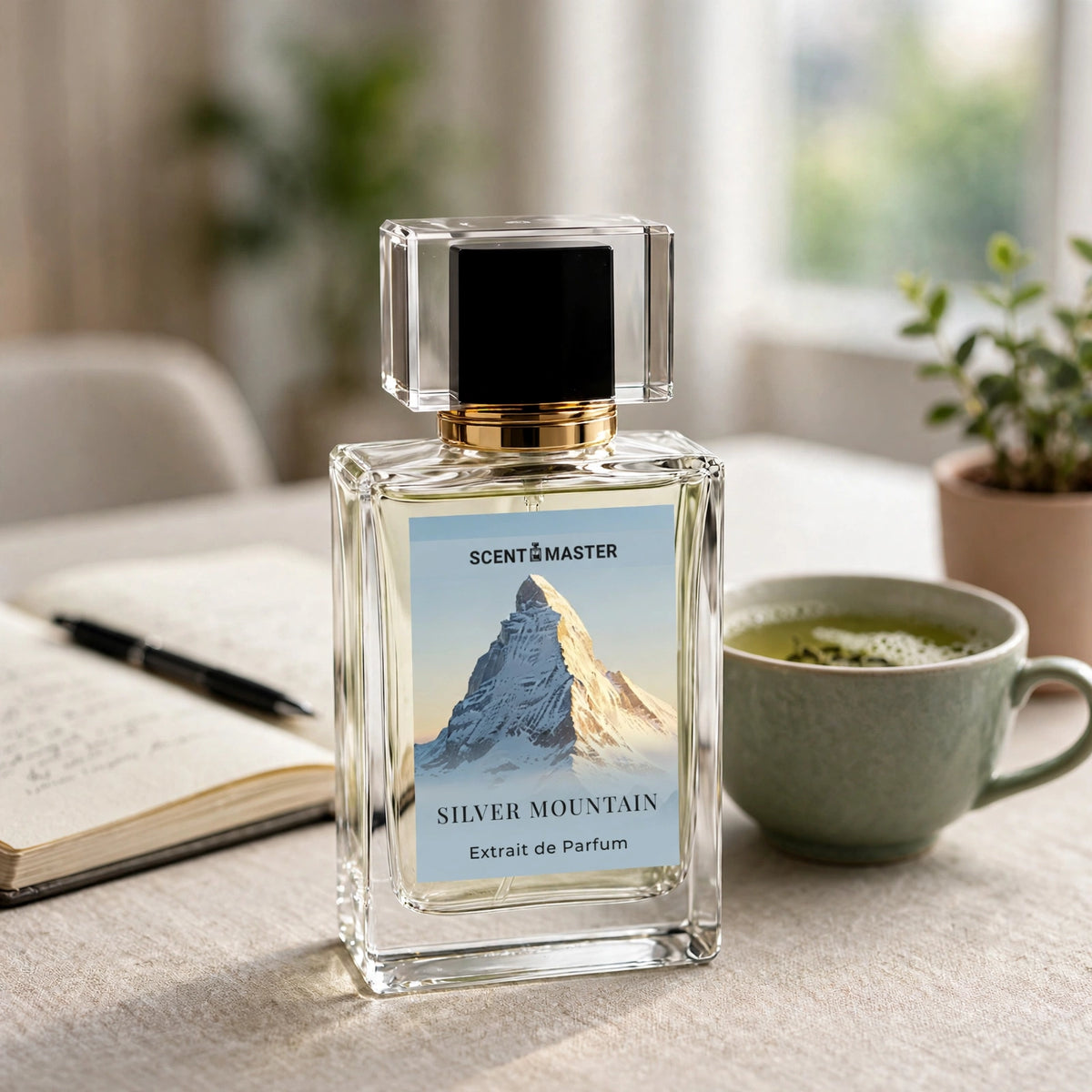 Silver Mountain perfume bottle styled on an office desk with green tea