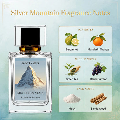 Silver Mountain fragrance notes infographic showing bergamot, green tea, and musk