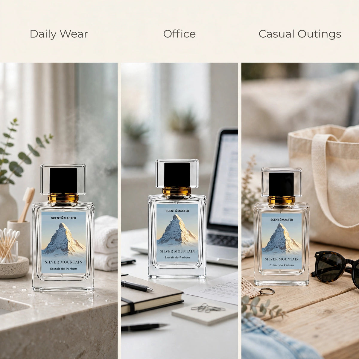 Silver Mountain perfume occasion split layout showing daily wear, office, and casual use