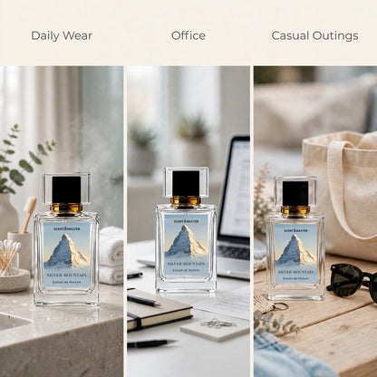 Silver Mountain perfume occasion split layout showing daily wear, office, and casual use
