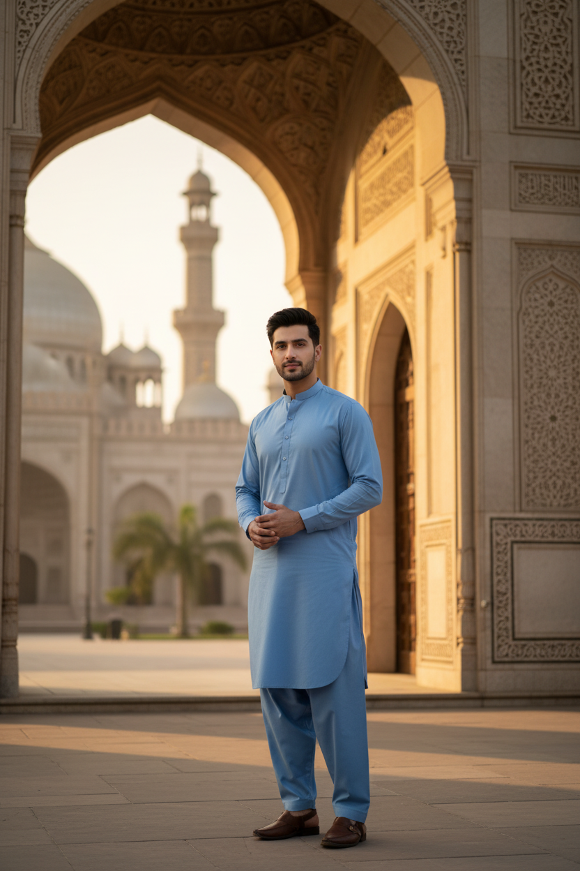Sky Blue Cotton Suit for Men - Mosque Setting