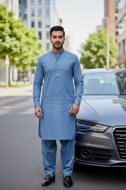 Premium Sky Blue Cotton Suit - Luxury Lifestyle