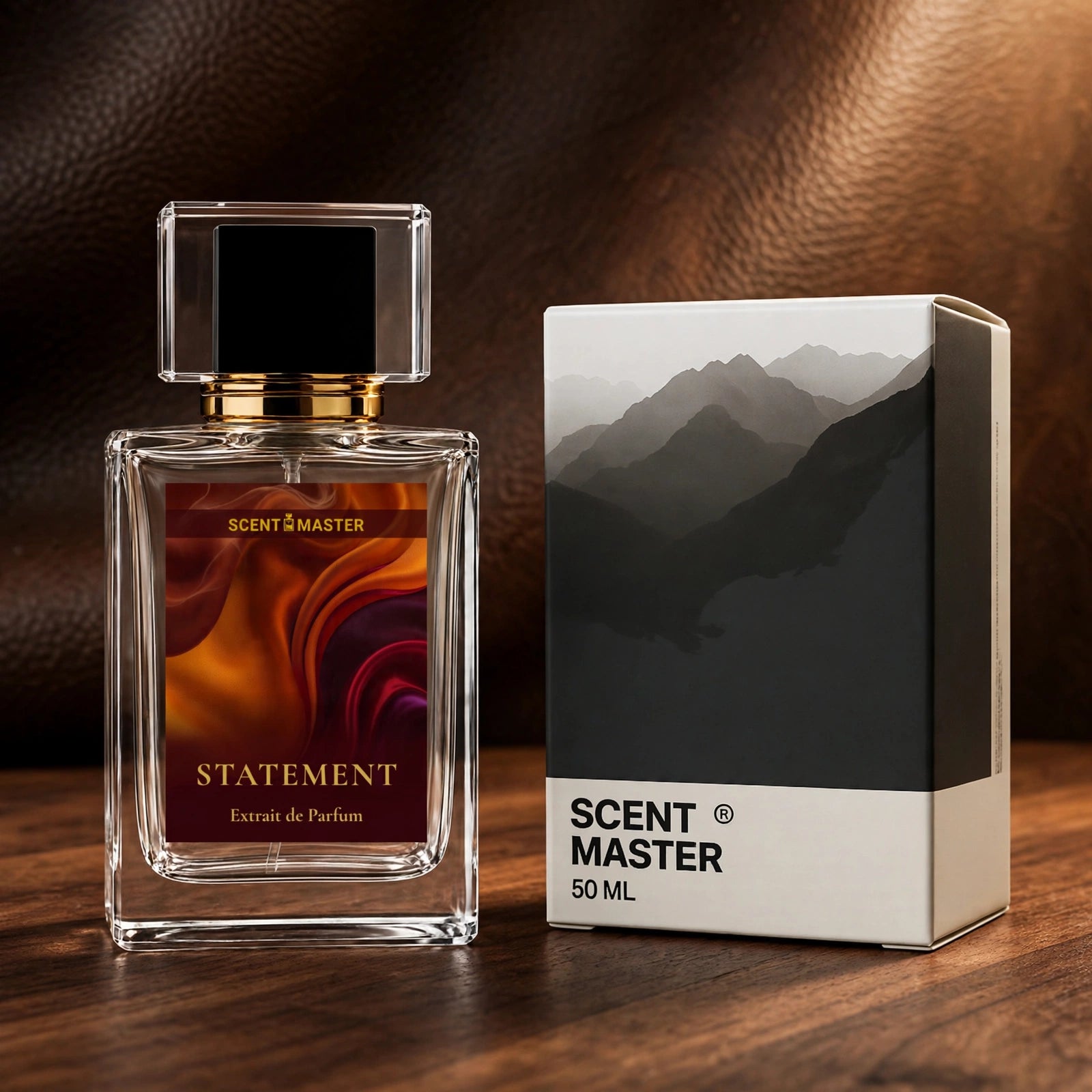 Statement perfume bottle and packaging box by Scent Master