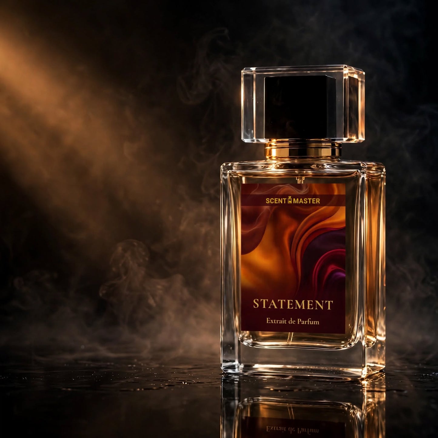 Cinematic dramatic photography of Statement perfume bottle by Scent Master