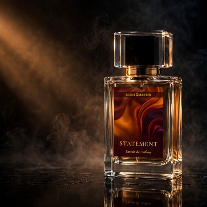 Cinematic dramatic photography of Statement perfume bottle by Scent Master