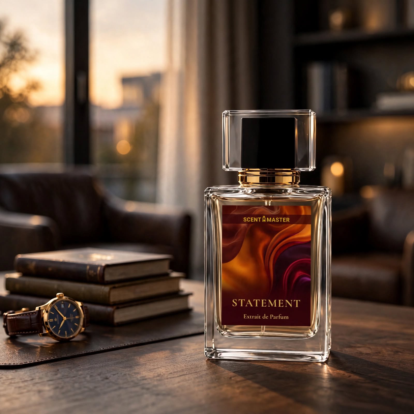 Statement perfume bottle in a luxury leather study lifestyle scene