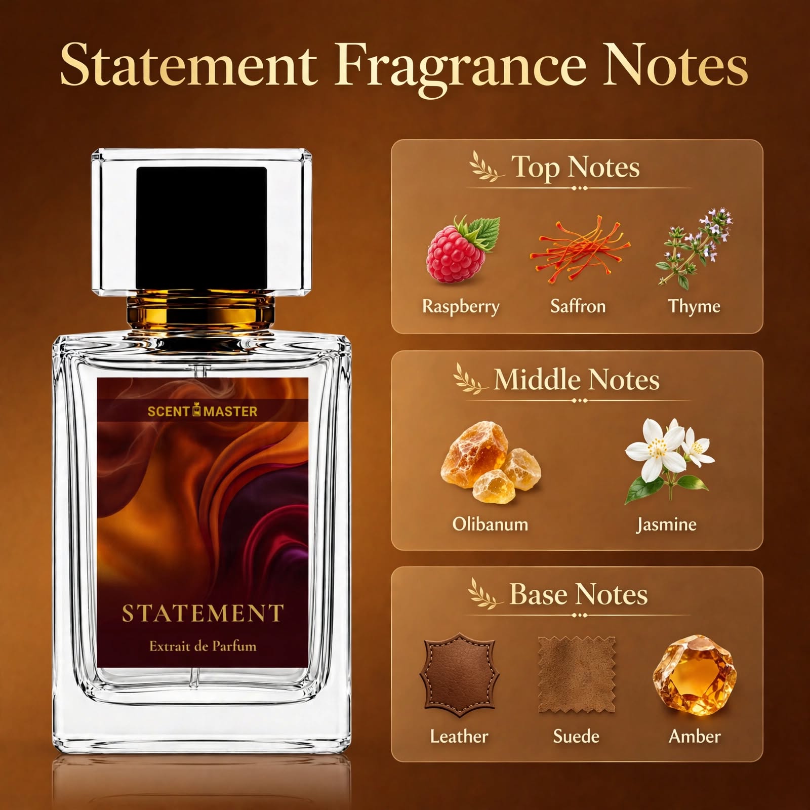 Statement perfume fragrance notes infographic showing top, middle, and base notes