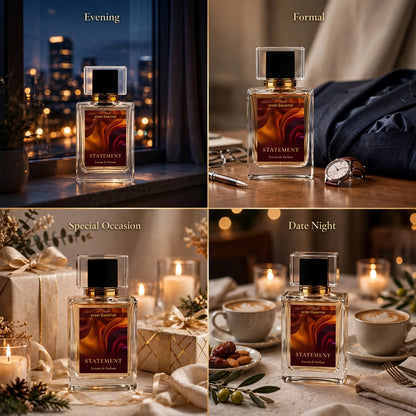 Statement perfume occasion split layout showing evening, formal, and special occasion wear