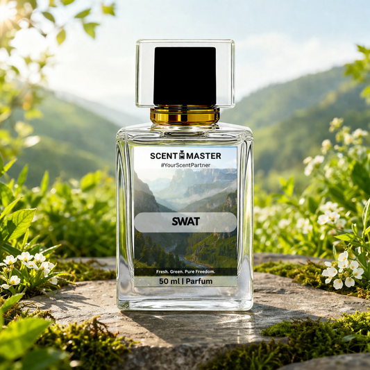 Perfume bottle labeled 'SCENT MASTER SWAT' with a scenic background