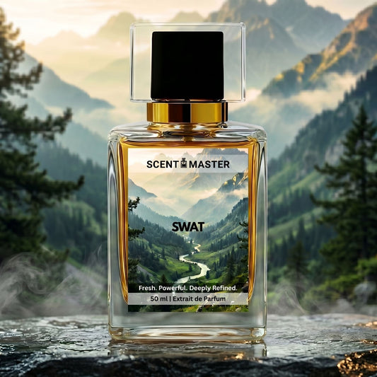Swat by Scent Master 50ml amber woody perfume for men with fresh mountain inspired luxury background