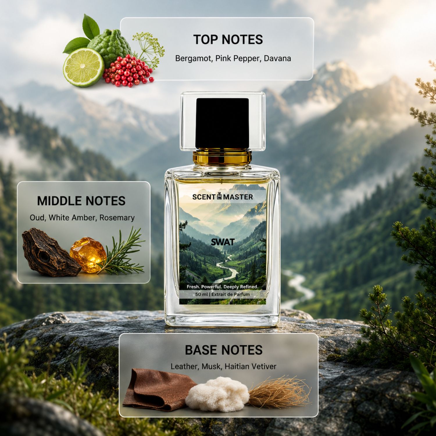 Swat by Scent Master notes infographic showing bergamot, pink pepper, davana, oud, amber, leather, musk and vetiver