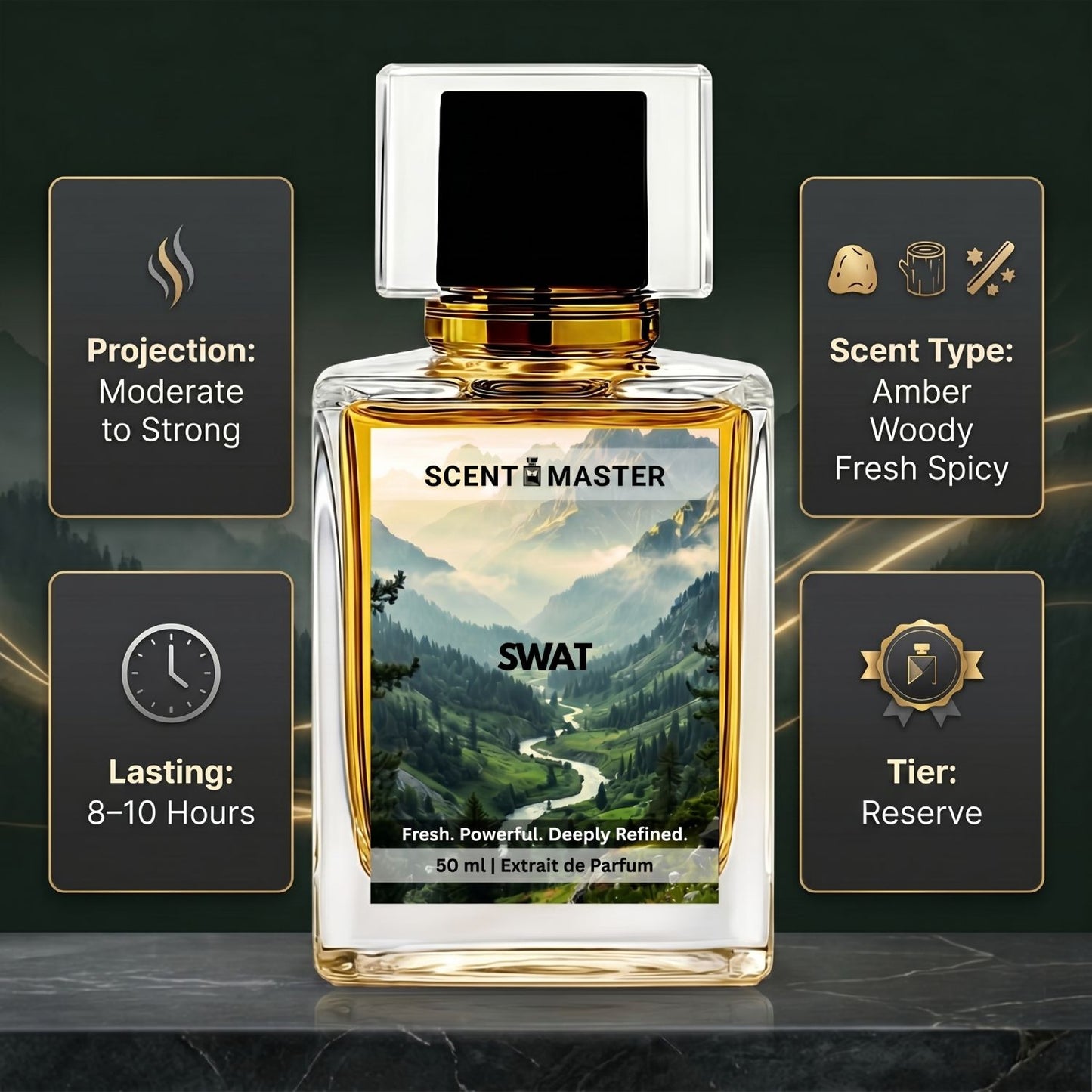 Swat by Scent Master performance infographic showing moderate to strong projection and 8 to 10 hours lasting