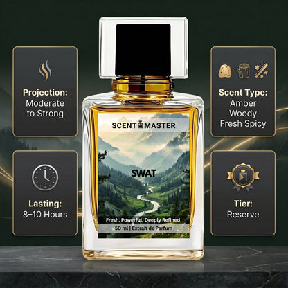 Swat by Scent Master performance infographic showing moderate to strong projection and 8 to 10 hours lasting