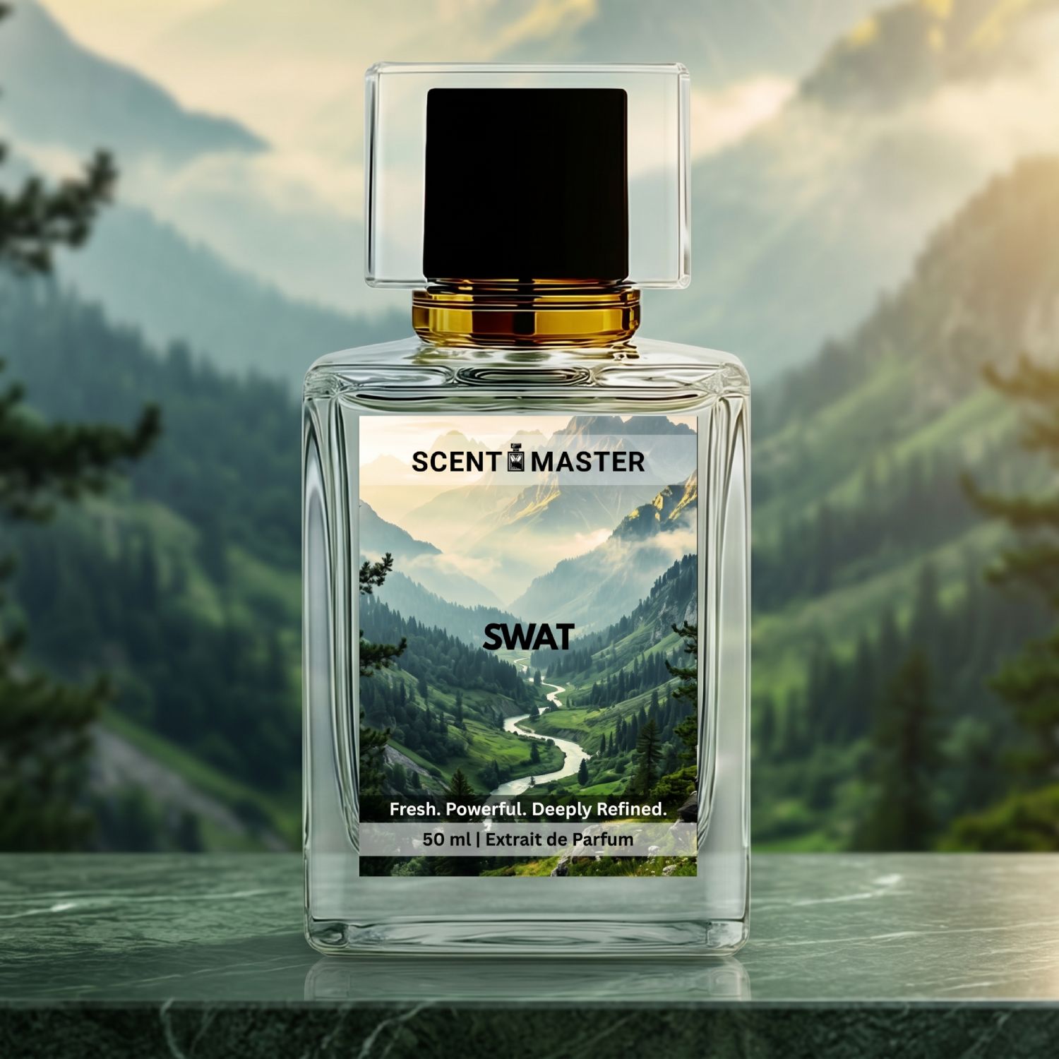 Swat by Scent Master premium cinematic mountain perfume image with fresh green and misty luxury mood