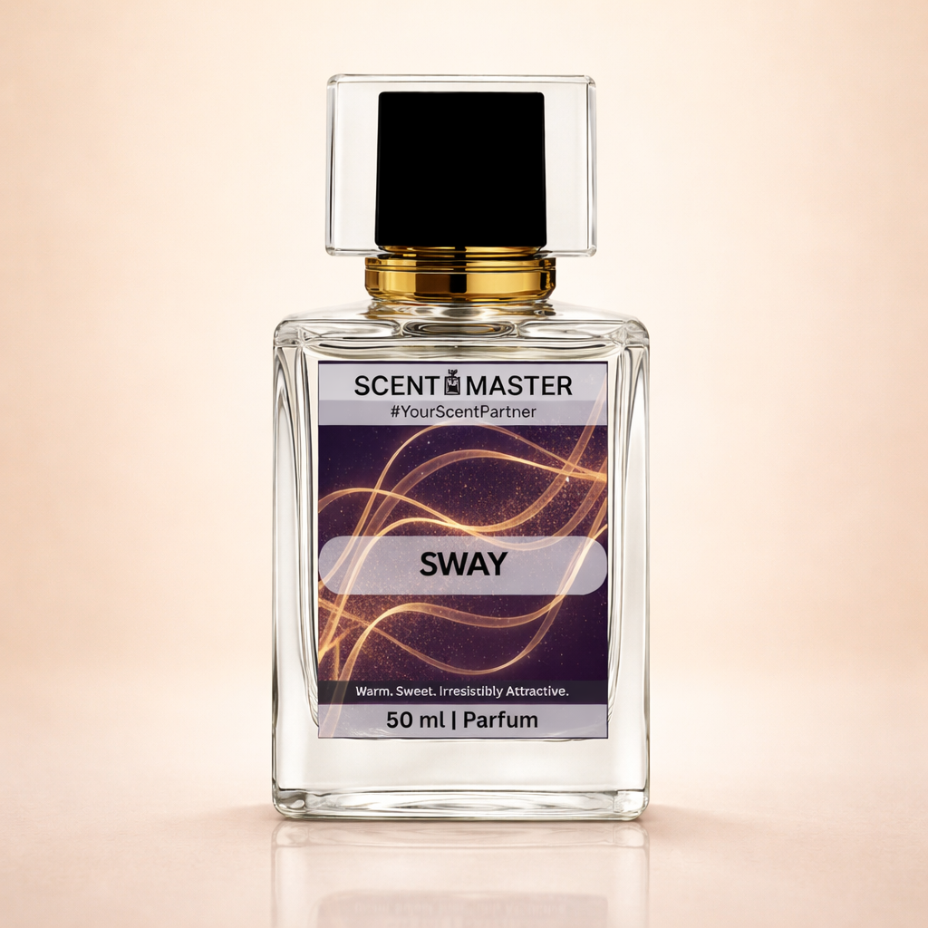 Perfume bottle labeled 'Sway' by Scent Master on a gradient background