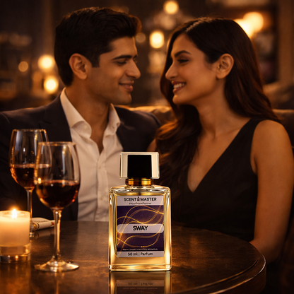 Couple at a romantic setting with a 'Scent Master Sway' perfume bottle in the foreground.