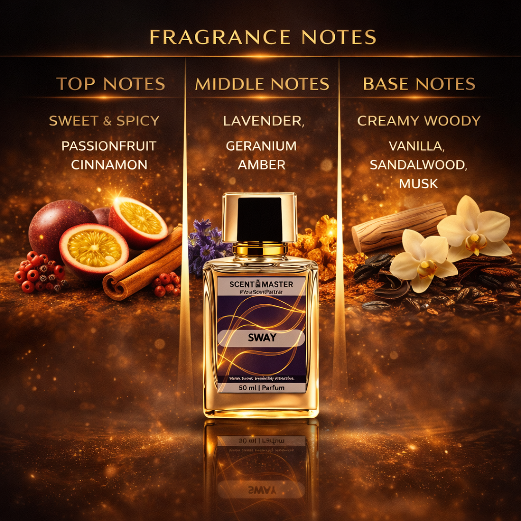 Perfume bottle Sway with fragrance notes displayed on a dark background