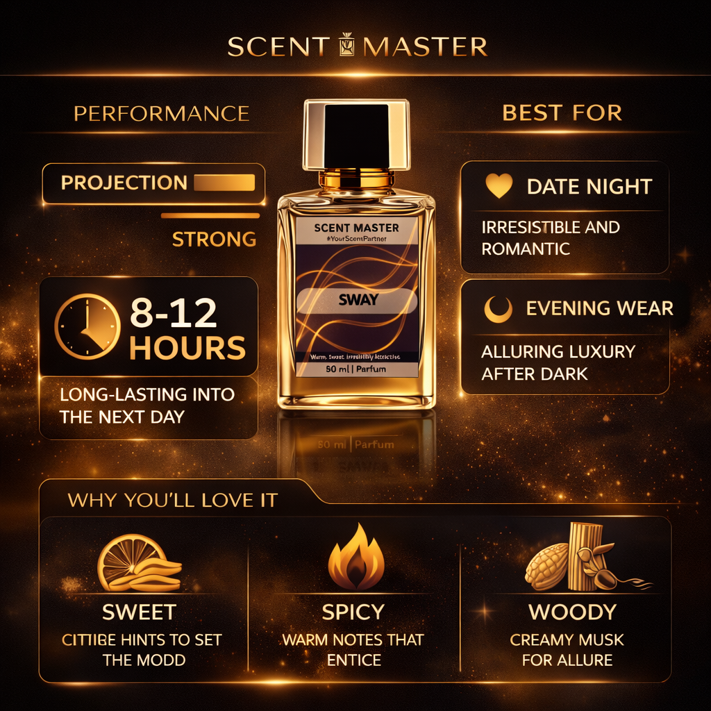 Scent Master Sway perfume bottle with product features on a dark background