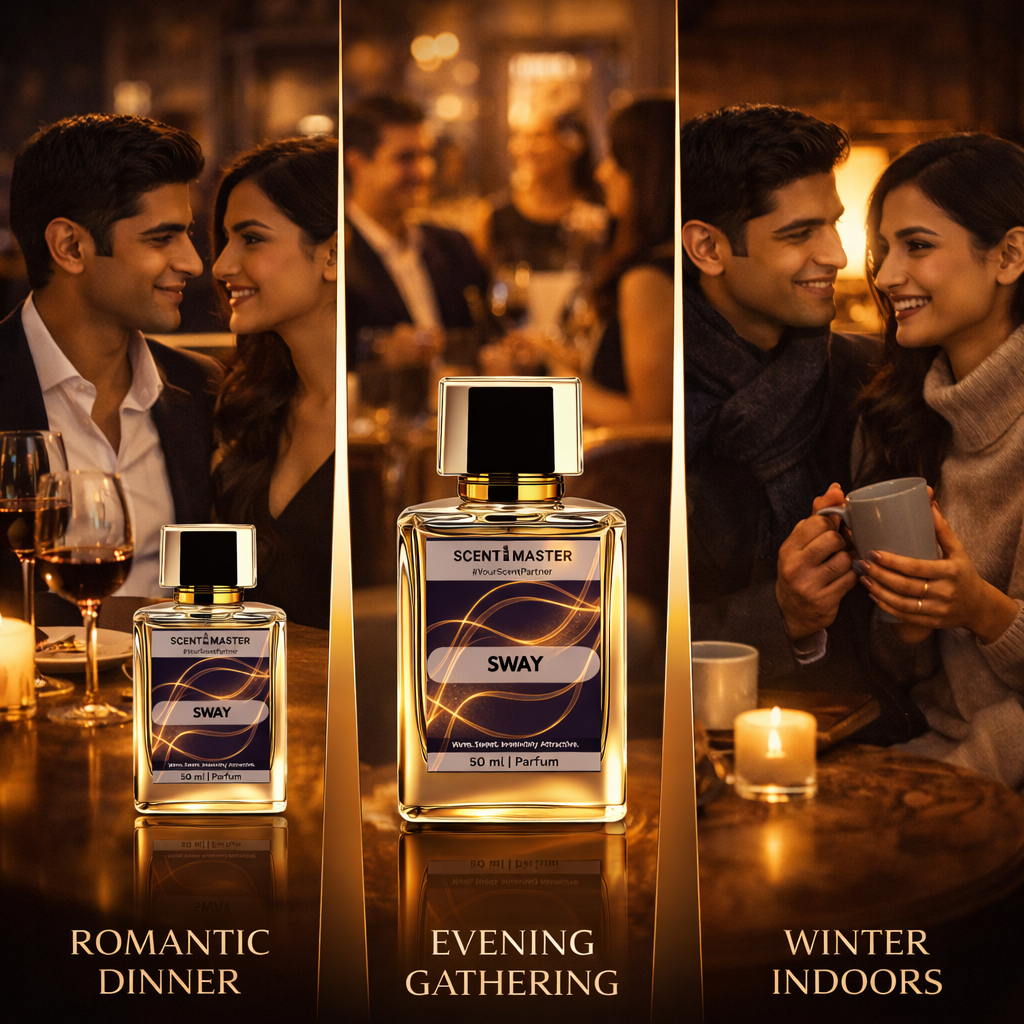 Scents Master Sway perfume bottle with lifestyle images of a couple at different times of the day.
