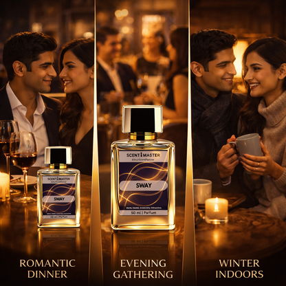 Scents Master Sway perfume bottle with lifestyle images of a couple at different times of the day.