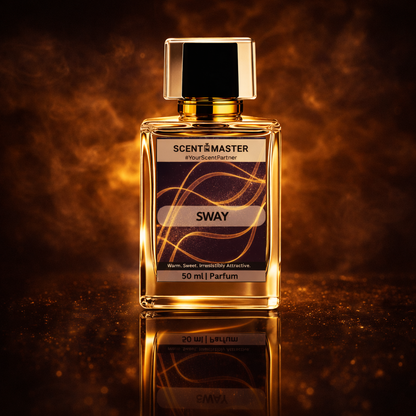 Perfume bottle labeled 'Scent Master Sway' on a reflective surface with a warm brown background
