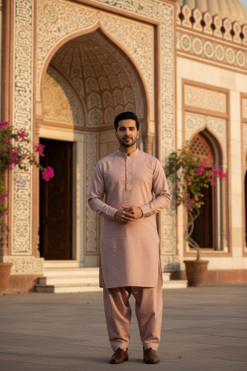 Tea Pink Cotton Suit for Men - Mosque Setting