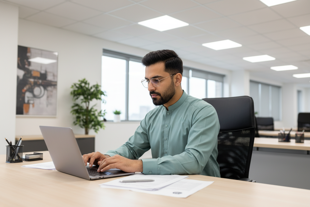 Pasha Premium Teal Green Cotton Shalwar Kameez - Professional Office Setting
