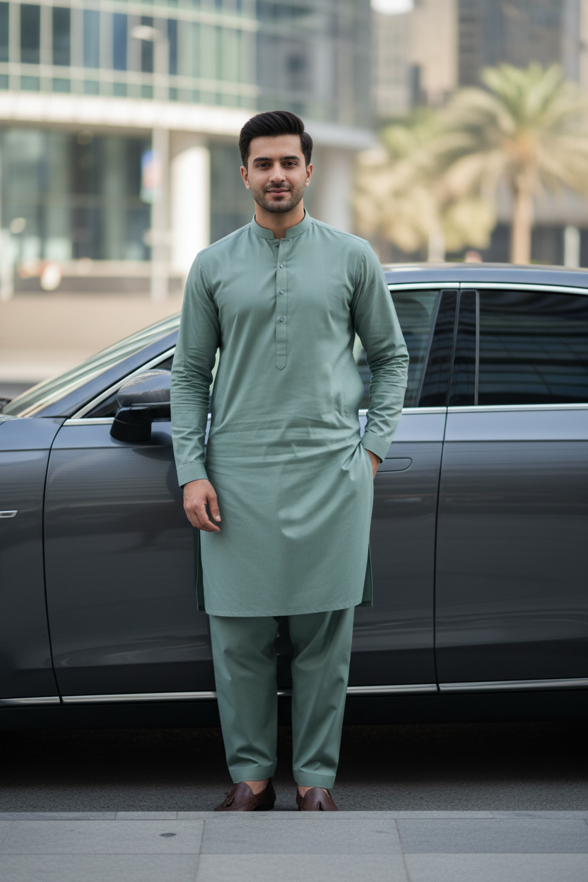 Teal Green Simple Shalwar Kameez with Car