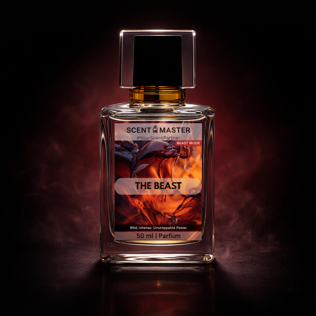 Perfume bottle labeled 'The Beast' by Scent Master on a dark background with flames.