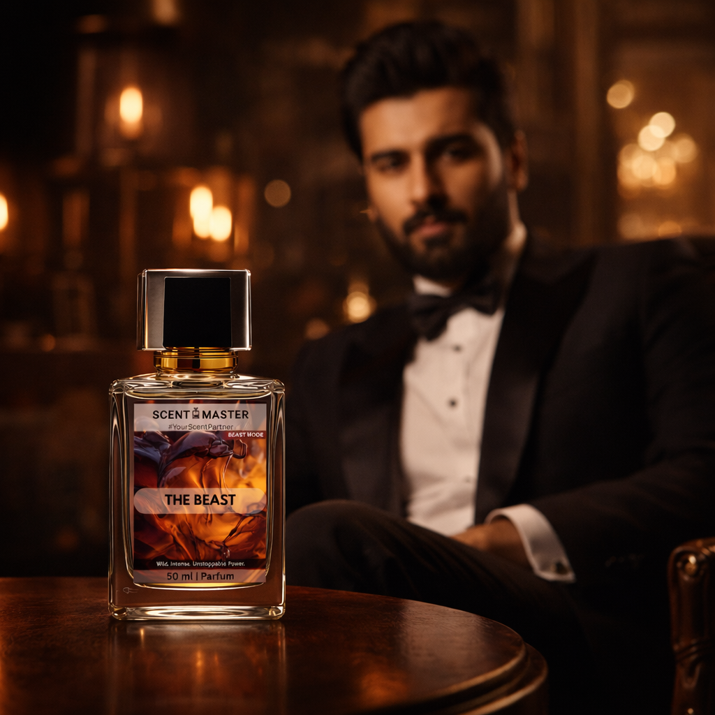 Perfume bottle labeled 'The Beast' on a table with a man in a tuxedo in the background