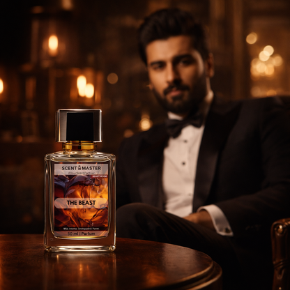 Perfume bottle labeled 'The Beast' on a table with a man in a tuxedo in the background