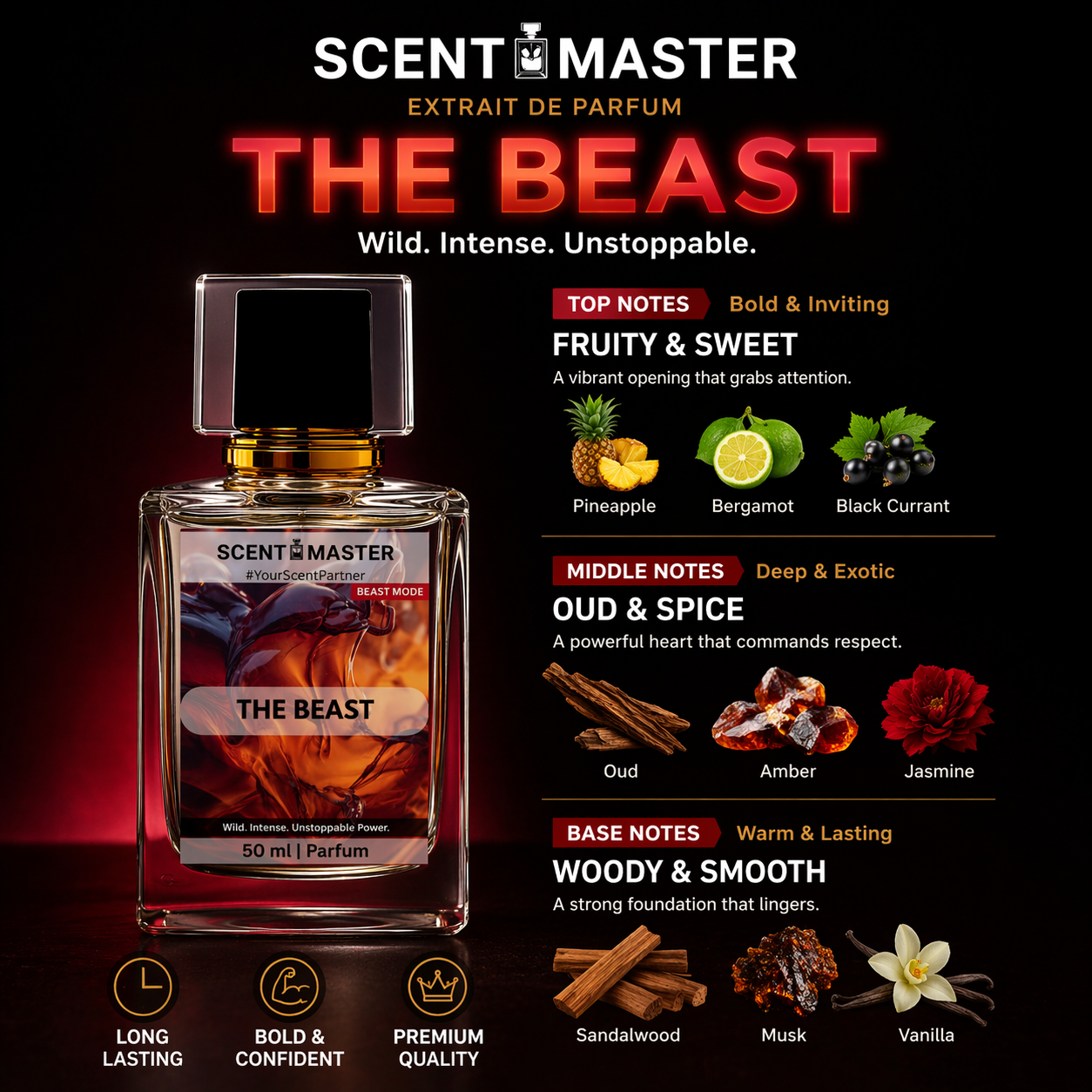 Scent Master 'The Beast' perfume bottle with flavor notes on a dark background