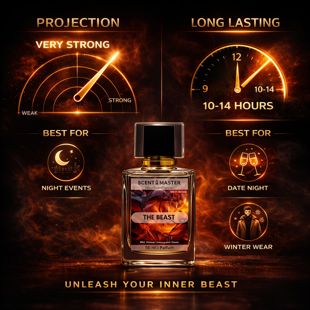 Perfume bottle The Beast with features like projection strength and longevity on a dark background