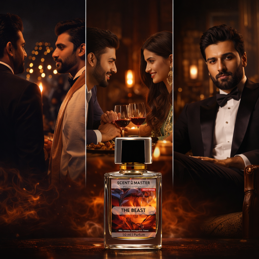 Collage of a couple dining together with a 'The Beast' perfume bottle in the foreground.