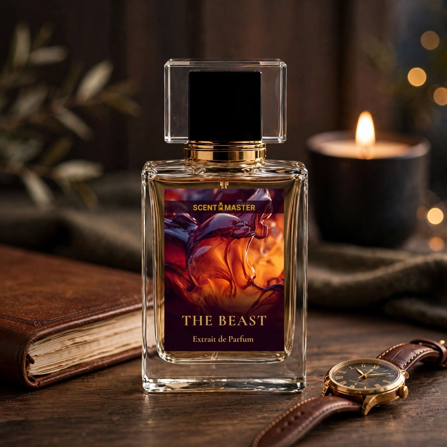 The Beast perfume styled in a lifestyle desk scene by Scent Master