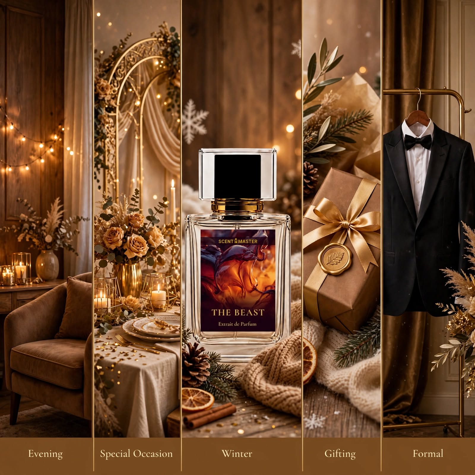 The Beast perfume occasion split layout showing evening, gifting, and formal wear by Scent Master