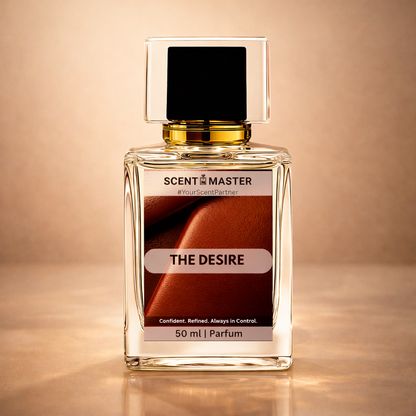 Perfume bottle labeled 'The Desire' by Scent Master on a beige background