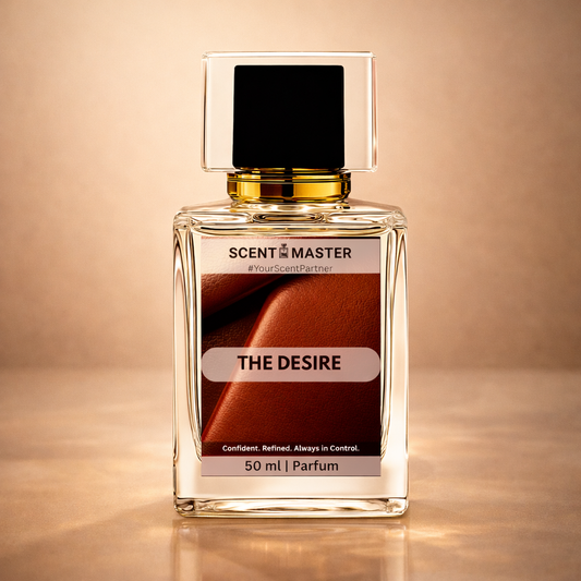 Perfume bottle labeled 'The Desire' by Scent Master on a beige background
