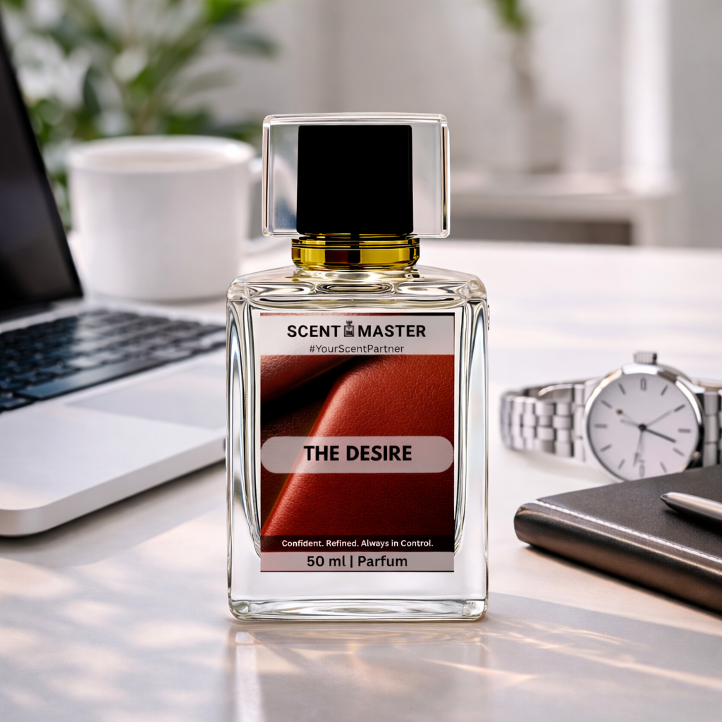 Perfume bottle labeled 'The Desire' by Scent Master on a desk with laptop and watch.