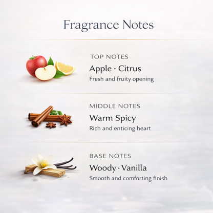 Fragrance notes description with images of apples, cinnamon sticks, vanilla beans, and lemon slices on a white background.