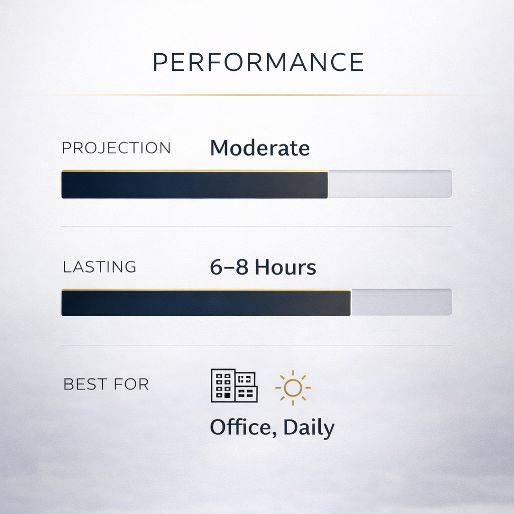 Performance metrics display with 'Moderate' projection, '6-8 Hours' lasting, and icons for office and sun.