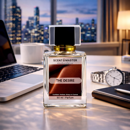 Perfume bottle labeled 'The Desire' by Scent Master on a desk with cityscape background