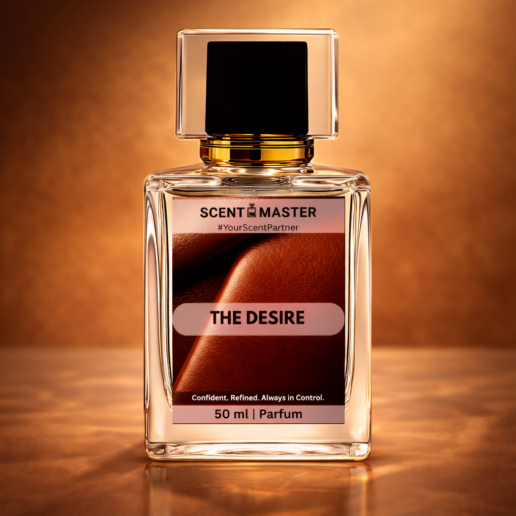 Perfume bottle labeled 'The Desire' by Scent Master on a warm brown background