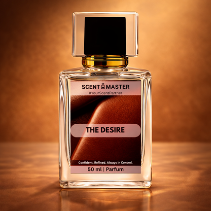 Perfume bottle labeled 'The Desire' by Scent Master on a warm brown background