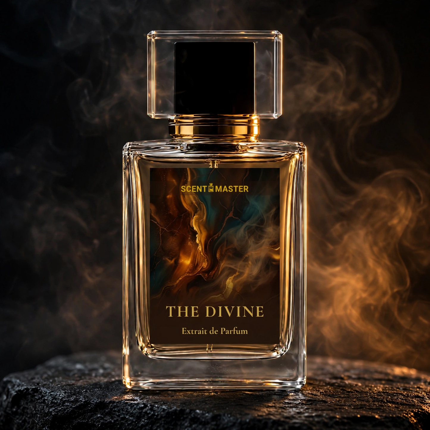 Cinematic luxury shot of The Divine perfume bottle